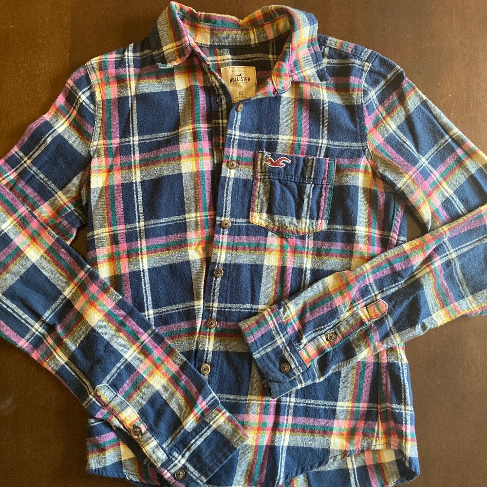 Hollister Navy Blue Long Sleeve Flannel Top Sz XS
